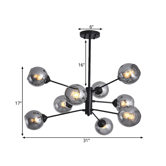 Postmodern Smoke Grey Glass Ball Chandelier Pendant Light - 9 Heads Black Ceiling Fixture
