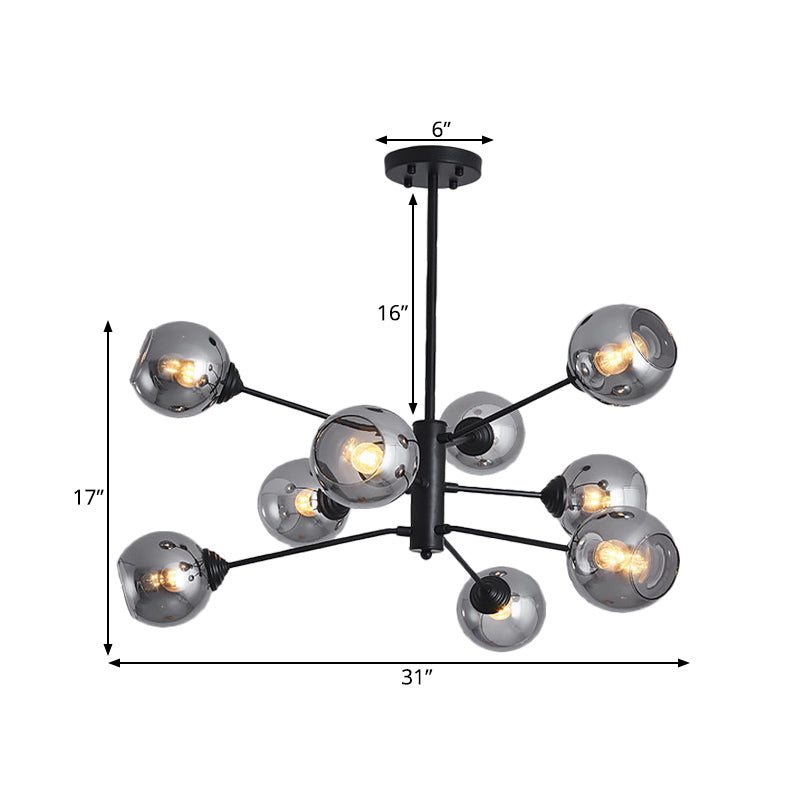 Smoke Grey Glass Ball Chandelier - Postmodernism Style 9-Head Black Pendant Ceiling Light