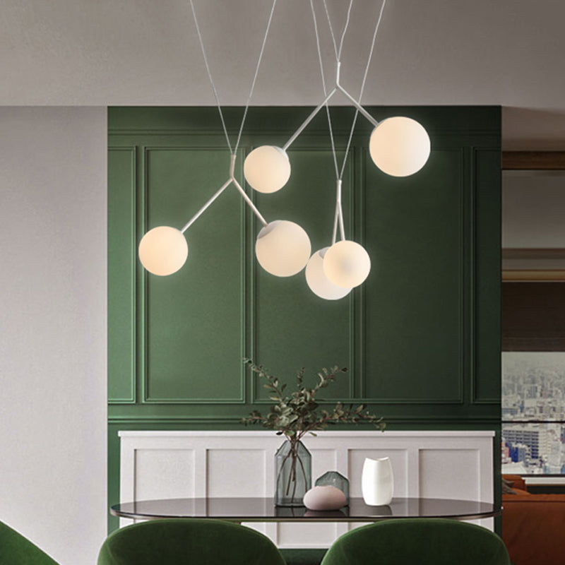 Opaline Matte Glass Multi-Pendant Hanging Light - Modern 6 Lights White Intertwined Design With Orb