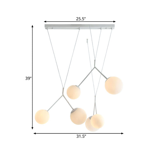 6-Light Modern Opaline Glass Hanging Light With Orb Shade - White Matte Finish
