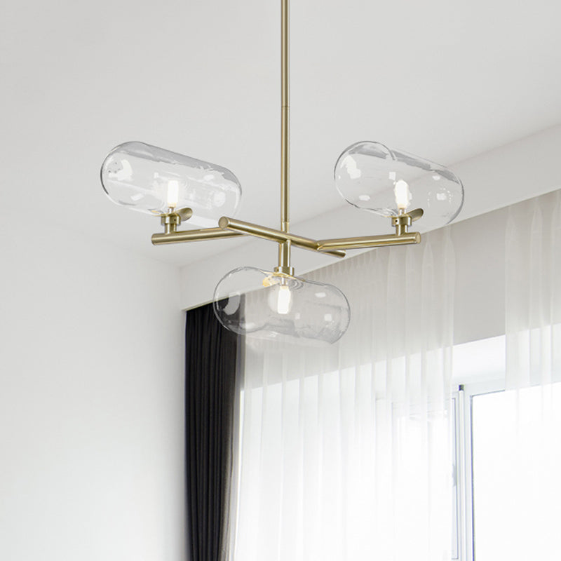 Moderner Kronleuchter aus Messing mit klaren Glasschirmen – ideal für Esszimmer
