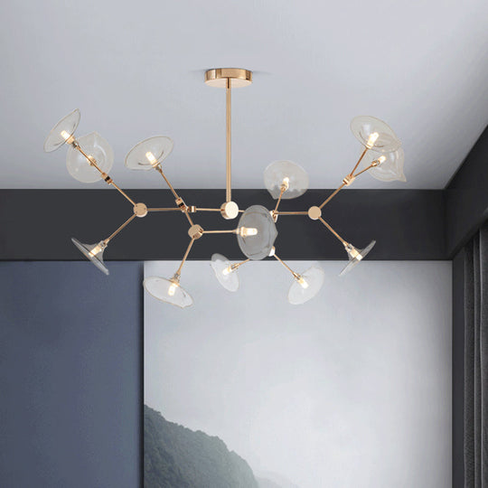 Modern Gold Chandelier With Flared Cognac Glass Shades - 12 Heads Pendant Light For Living Room