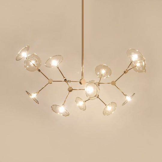 Modern Gold Chandelier With Flared Cognac Glass Shades - 12 Heads Pendant Light For Living Room