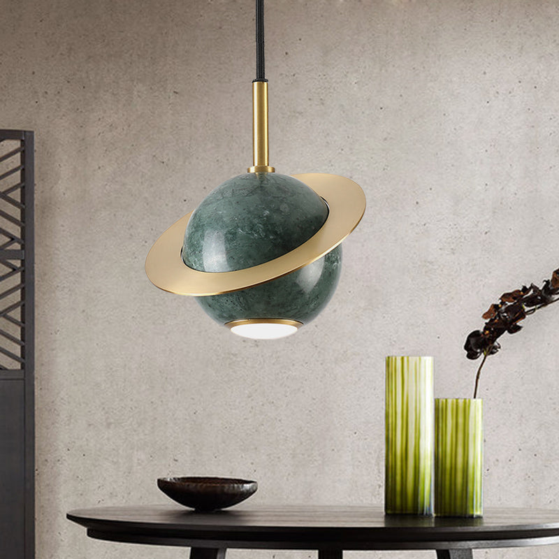 Mini Planet Kitchen Pendant In Green/White/Black-Brass: Modern Ceiling Lamp With Marble And 1 Bulb