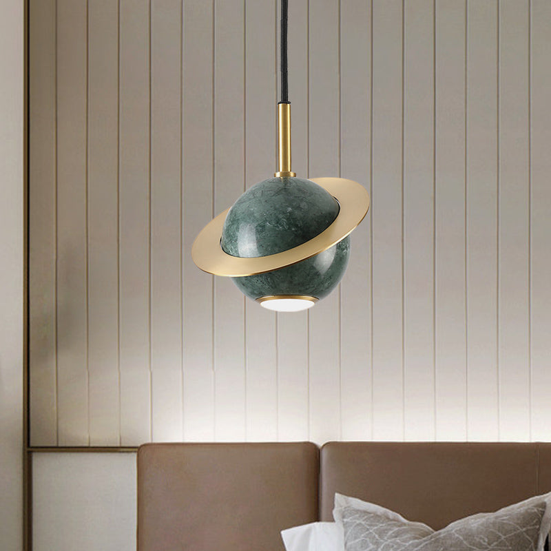 Mini Planet Kitchen Pendant In Green/White/Black-Brass: Modern Ceiling Lamp With Marble And 1 Bulb
