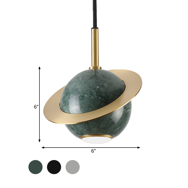 Mini Planet Kitchen Pendant In Green/White/Black-Brass: Modern Ceiling Lamp With Marble And 1 Bulb