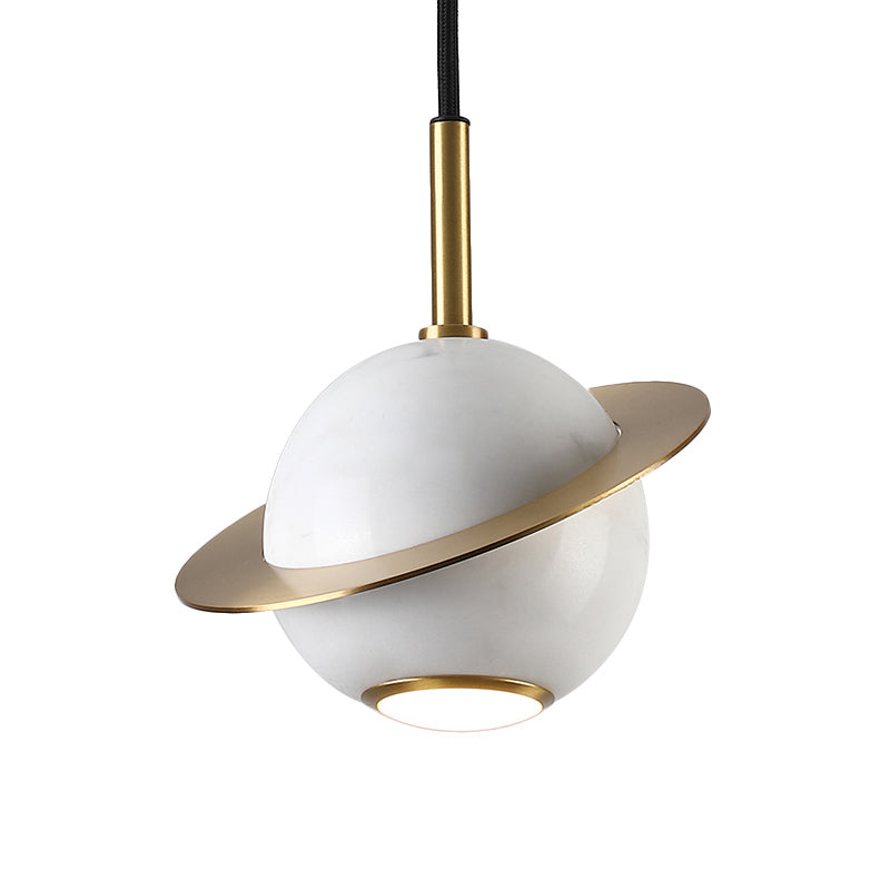 Mini Planet Kitchen Pendant In Green/White/Black-Brass: Modern Ceiling Lamp With Marble And 1 Bulb
