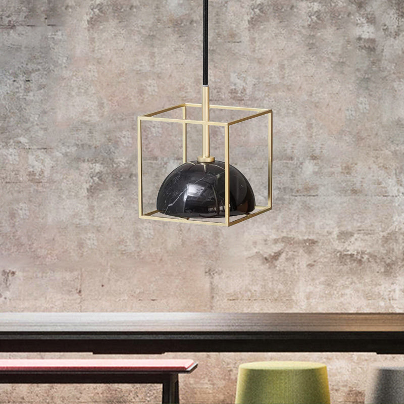 Mid Century Marble Dome Hanging Light Kit - Small Black/Green With Gold Wire Cage Guard