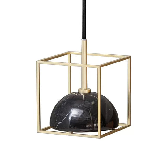 Mid Century Marble Dome Hanging Light Kit - Small Black/Green With Gold Wire Cage Guard