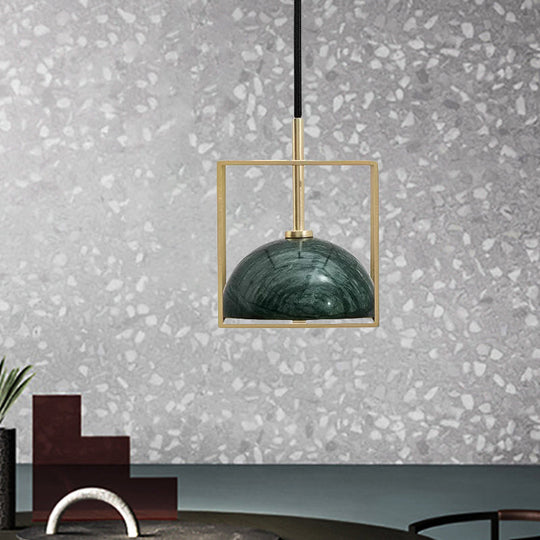 Mid Century Small Dome Hanging Light Kit - Marble 1-Head Pendant With Black/Green Ceiling & Gold