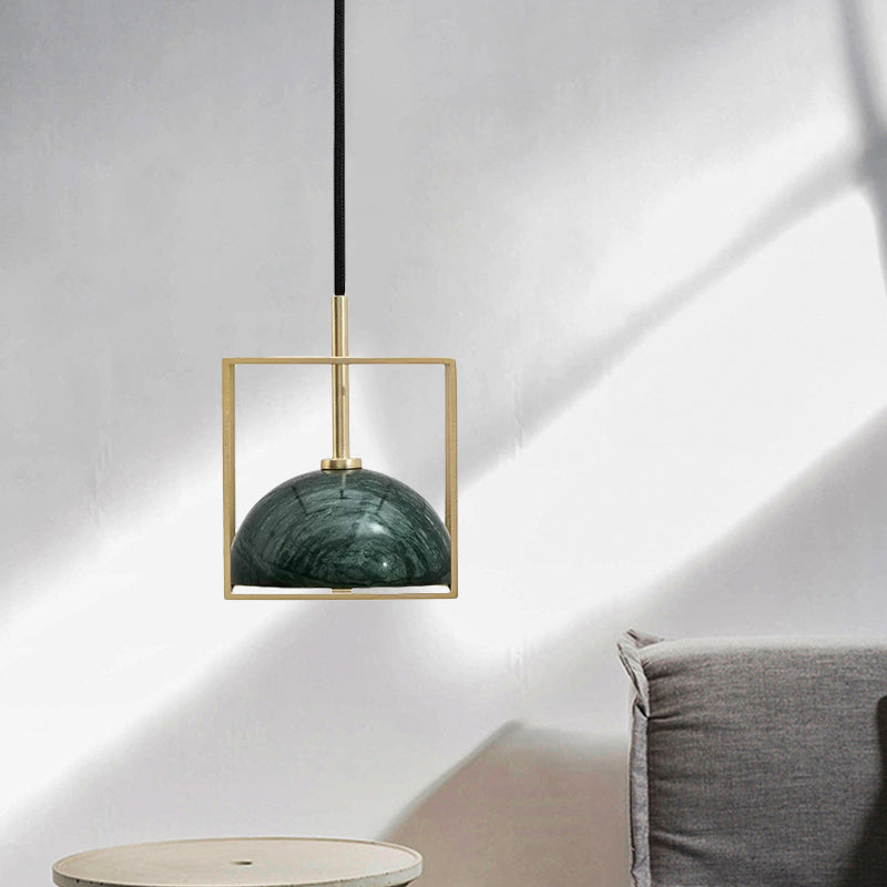 Mid Century Marble Dome Hanging Light Kit - Small Black/Green With Gold Wire Cage Guard