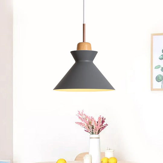 Funnel Suspension Pendant - Grey Nordic Ceiling Lamp With Wood Cork Accent 1 Light Aluminum Design