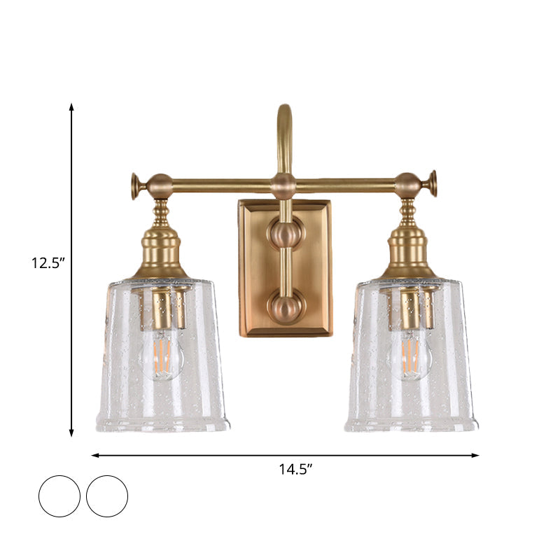 Gold Glass Bucket Vanity Lamp - Colonial 2-Head Bathroom Sconce Light In White/Clear