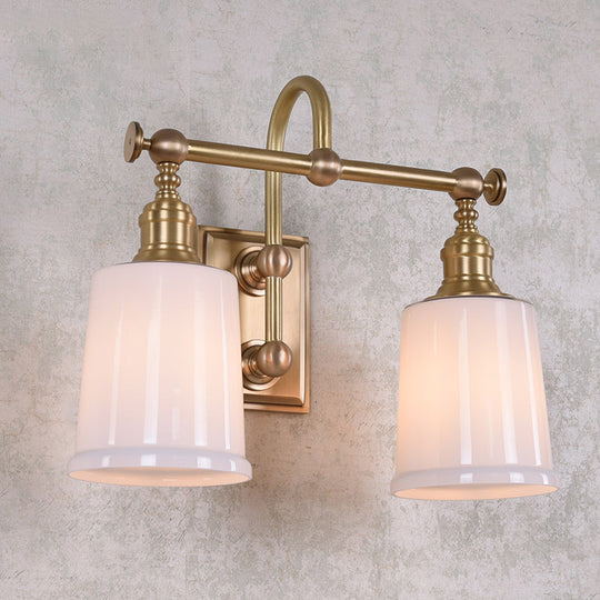 Gold Glass Bucket Vanity Lamp - Colonial 2-Head Bathroom Sconce Light In White/Clear