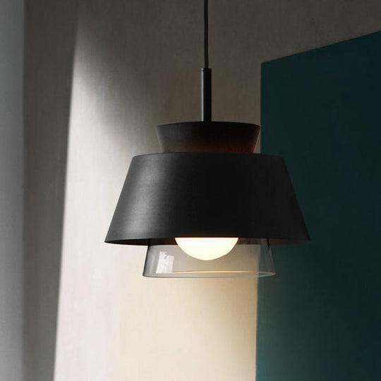 Minimalist Iron Hanging Pendant Light With 2 Tiers Single Black/White Design Transparent Glass Shade
