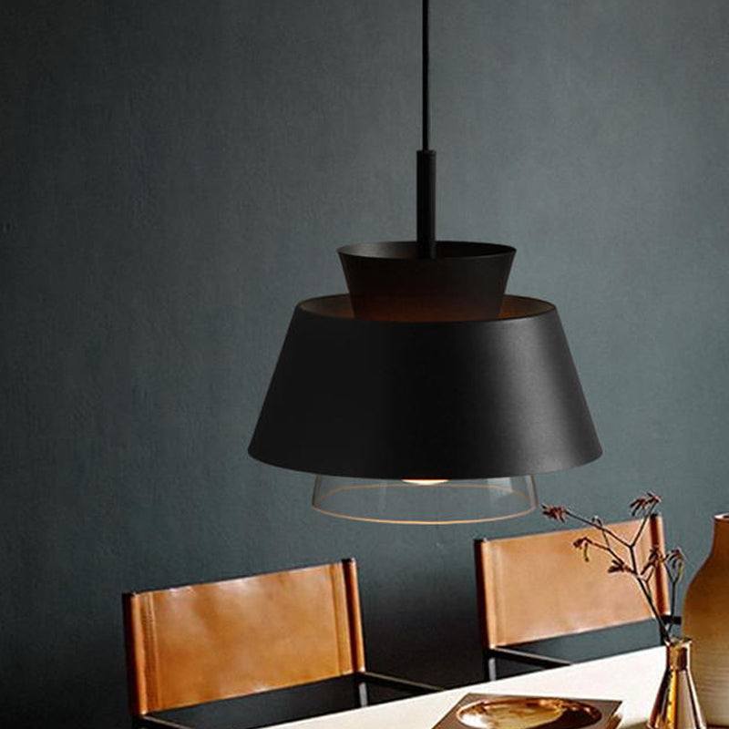 Minimalist Iron Hanging Pendant Light With 2 Tiers Single Black/White Design Transparent Glass Shade