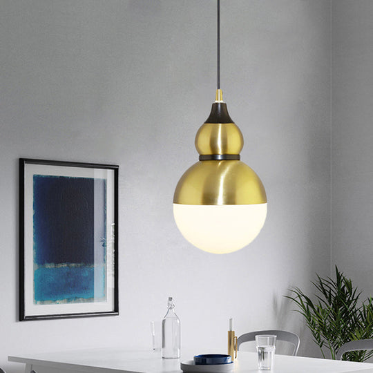 Black/Brass Gourd Shaped Pendant Lamp - Mid Century Metal 1-Light Pendulum With Bottom White Glass