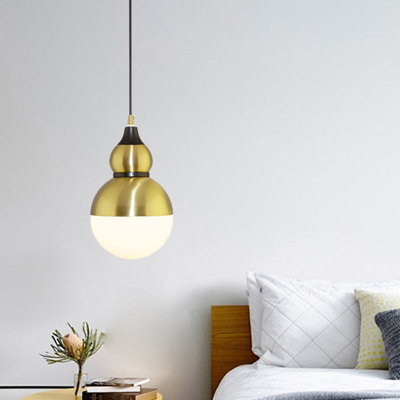 Black/Brass Gourd Pendant Lamp - Mid Century Metal 1 Light White Glass Diffuser
