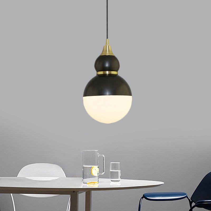 Black/Brass Gourd Pendant Lamp - Mid Century Metal 1 Light White Glass Diffuser