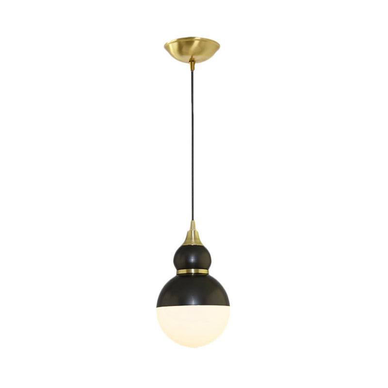 Black/Brass Gourd Shaped Pendant Lamp - Mid Century Metal 1-Light Pendulum With Bottom White Glass