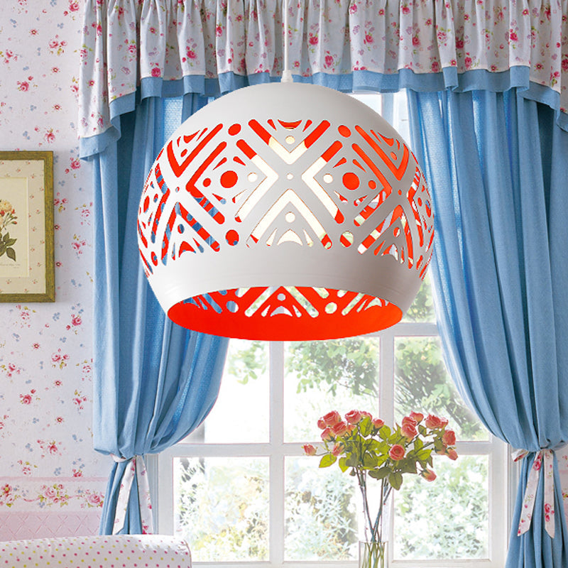 Modernist Iron Pendulum Light With White And Red Inner Design - 1-Light Hollowed-Out Dome Pendant