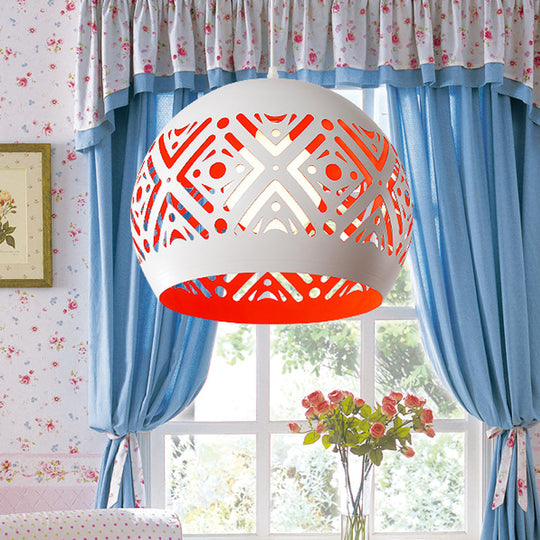 Modernist Iron Pendulum Light With White And Red Inner Design - 1-Light Hollowed-Out Dome Pendant