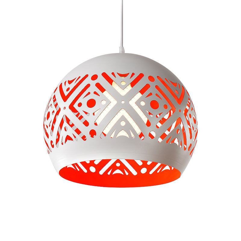 Modernist Iron Pendulum Light With White And Red Inner Design - 1-Light Hollowed-Out Dome Pendant