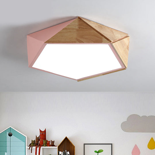 Wood Splicing 3D Pentangle Led Flush Mount Ceiling Lamp In Macaron Pink/Green Warm/White Light