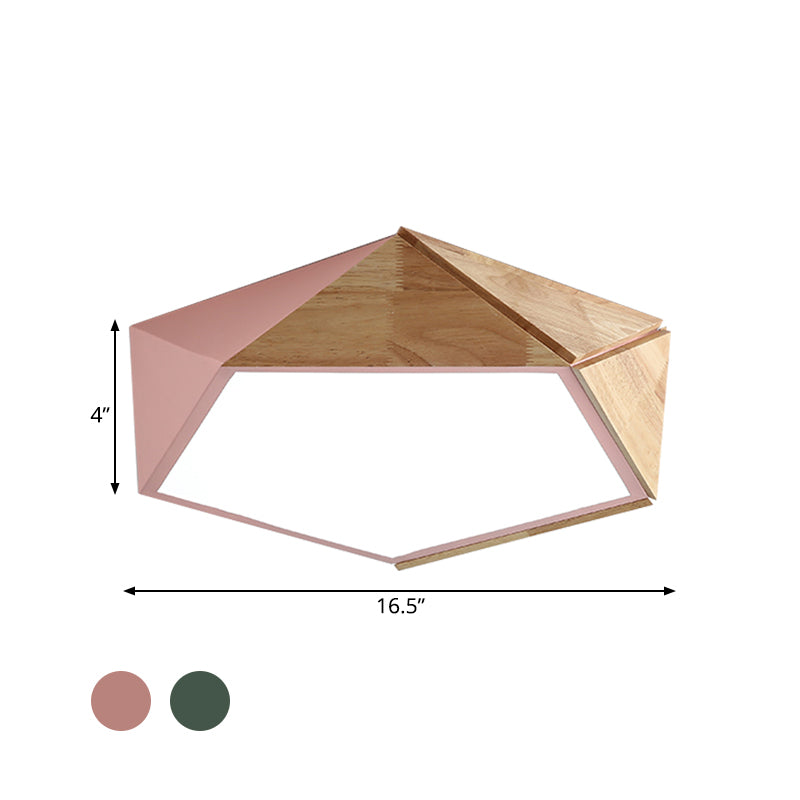 Wood Splicing 3D Pentangle Led Flush Mount Ceiling Lamp In Macaron Pink/Green Warm/White Light
