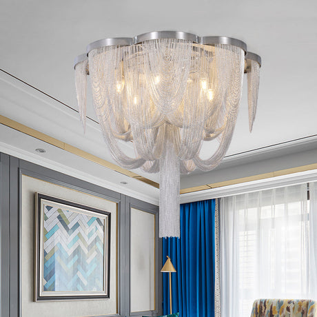 Modernist Aluminum Chain Flush Mount Ceiling Lamp - 4 Lights Chrome Finish Fringe Design Ideal For