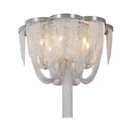Modernist Aluminum Chain Flush Mount Ceiling Lamp - 4 Lights Chrome Finish Fringe Design Ideal For