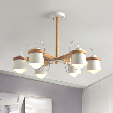 Nordic Wood Semi Flush Ceiling Mount Chandelier With Barrel Lampshade - 6 Bulbs Wheel Style White