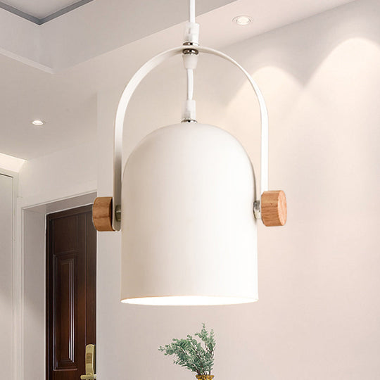 Nordic Ceiling Pendant Light - Metallic White Elongated Dome With Wood Lock And Adjustable Handle