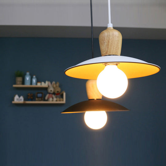 Nordic Flying Saucer Pendant Lamp: Single Bulb Iron Pendulum Light In White/Black-Wood