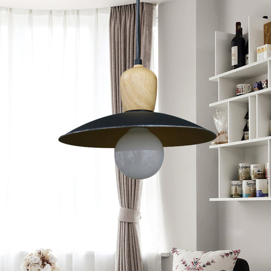 Nordic Flying Saucer Pendant Lamp: Single Bulb Iron Pendulum Light In White/Black-Wood