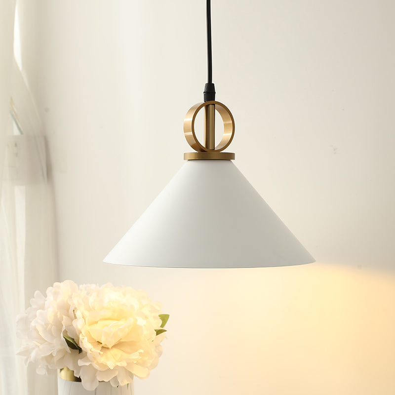White Conical Dining Table Suspension Pendant Light With Minimalist Metal Design And Ring Knob