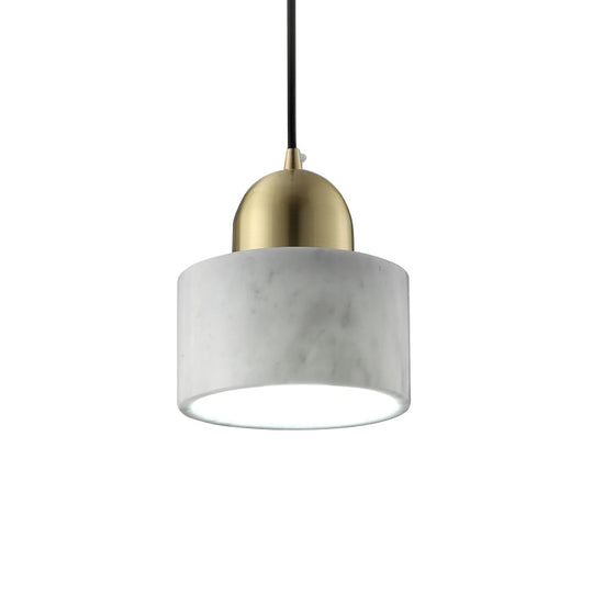 Minimalist White Pendant Bedside Lamp With Drum Marble Shade And Gold Dome Top - 1-Light