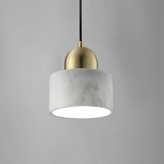 Minimalist White Pendant Bedside Lamp With Drum Marble Shade And Gold Dome Top - 1-Light