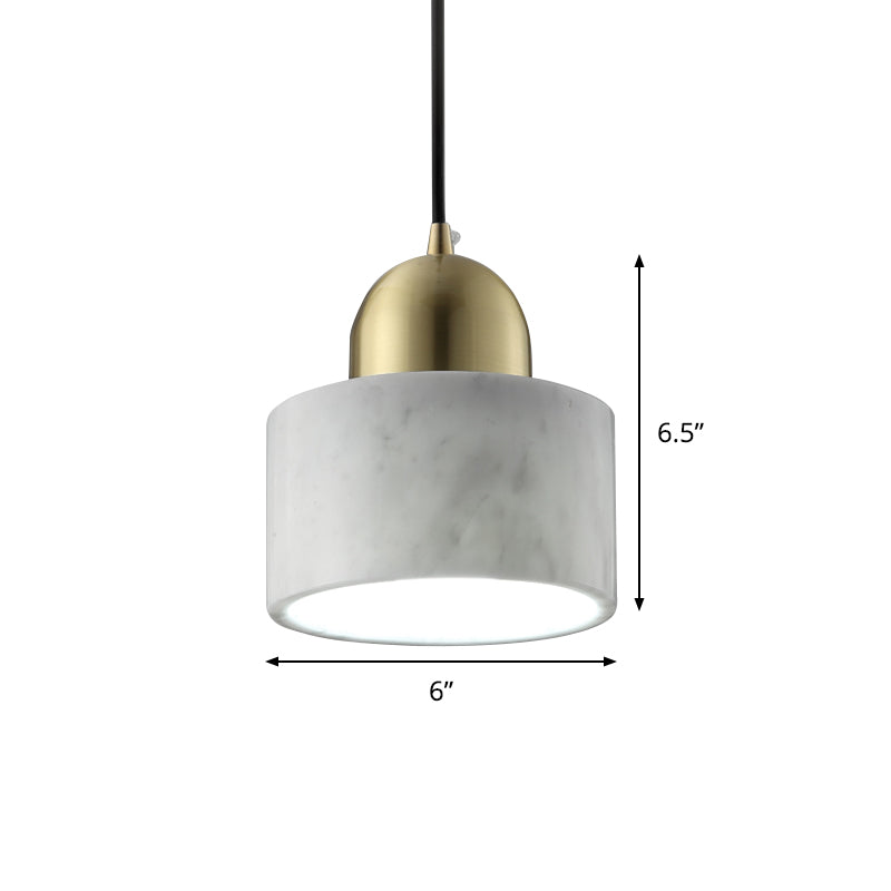Minimalist White Pendant Bedside Lamp With Drum Marble Shade And Gold Dome Top - 1-Light
