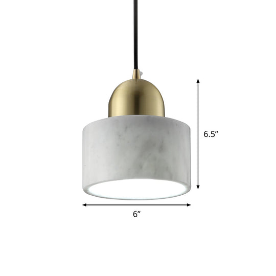 Minimalist White Pendant Bedside Lamp With Drum Marble Shade And Gold Dome Top - 1-Light