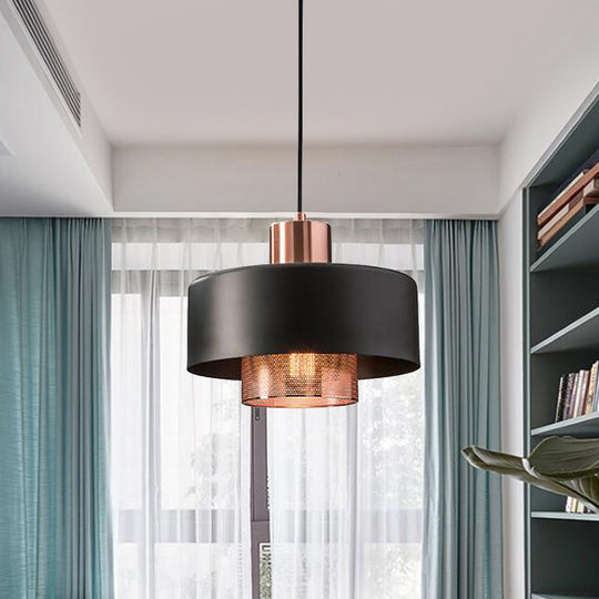 Mid-Century Metal Pendulum Light With Dual Lid Netting Screen And Black/Rose Gold Finish