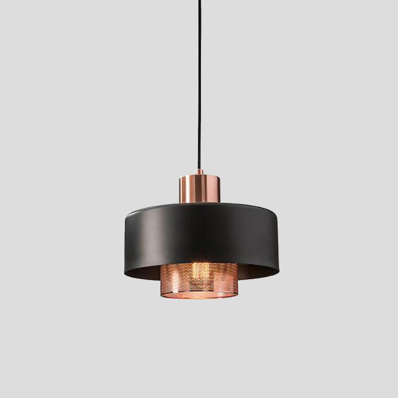 Mid-Century Metal Dual Lid Shade Pendant Light - Black And Rose Gold Finish With Netting Screen