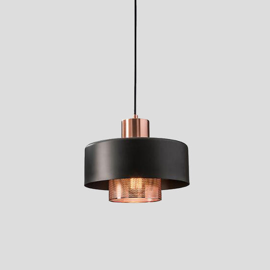 Mid-Century Metal Dual Lid Shade Pendant Light - Black And Rose Gold Finish With Netting Screen