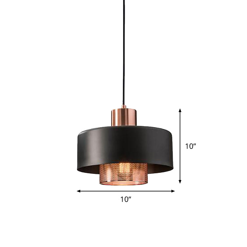 Mid-Century Metal Pendulum Light With Dual Lid Netting Screen And Black/Rose Gold Finish
