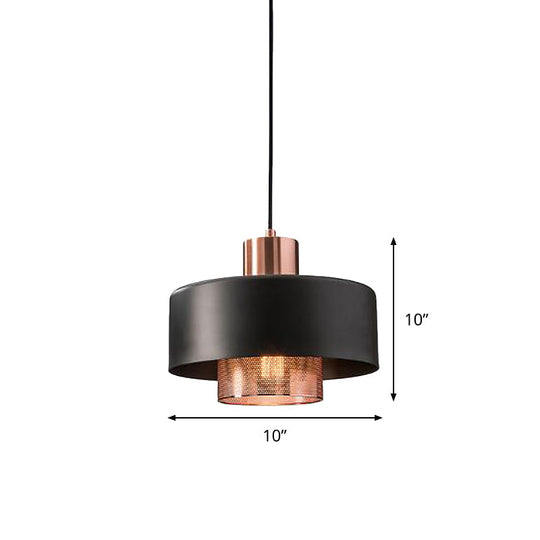 Mid-Century Metal Dual Lid Shade Pendant Light - Black And Rose Gold Finish With Netting Screen
