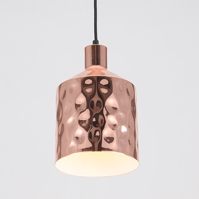 Mid Century Rose Gold Iron Pendant Light With Dimpled Cylindrical Shade