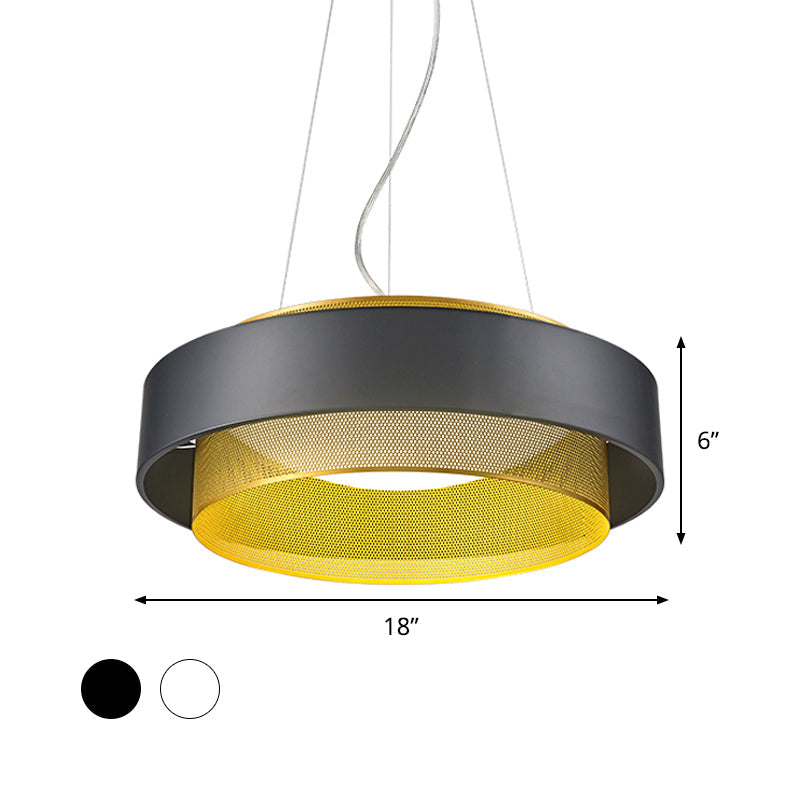 Modern Metal Circle Hanging Light With Mesh Screen And Acrylic Diffuser - White/Black-Gold Finish