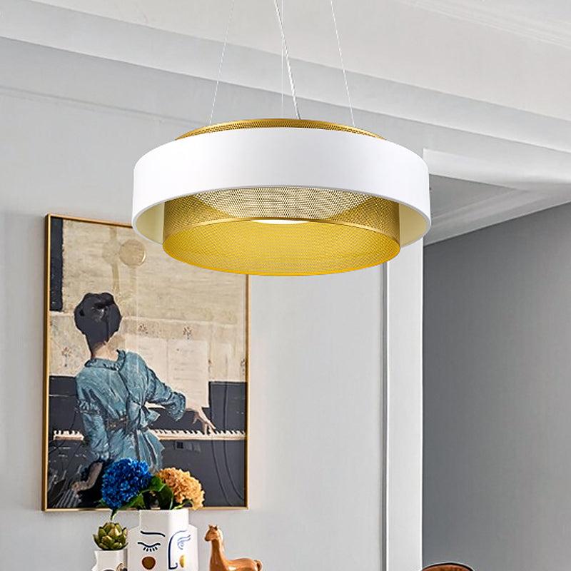 Modern Metal Circle Hanging Light With Mesh Screen And Acrylic Diffuser - White/Black-Gold Finish