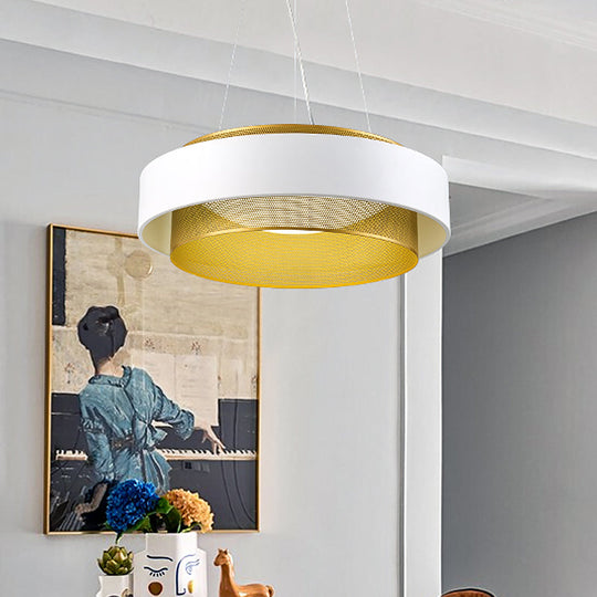 Modern Metal Circle Hanging Light With Mesh Screen And Acrylic Diffuser - White/Black-Gold Finish