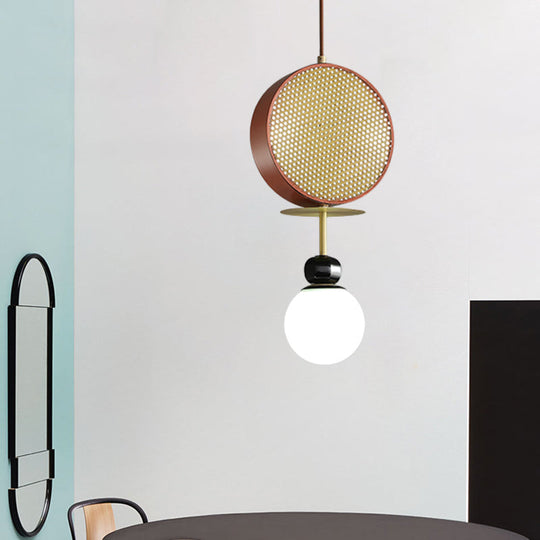 Vintage Iron Pendant Chandelier With Red Gong Design - 3 Heads Pierced Screen Bottom Ball Glass